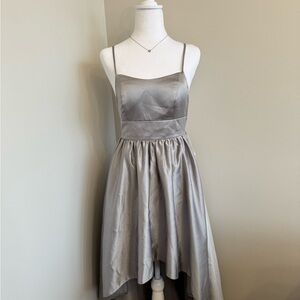 JJs House Silver Satin High-Low Spaghetti Strap Dress